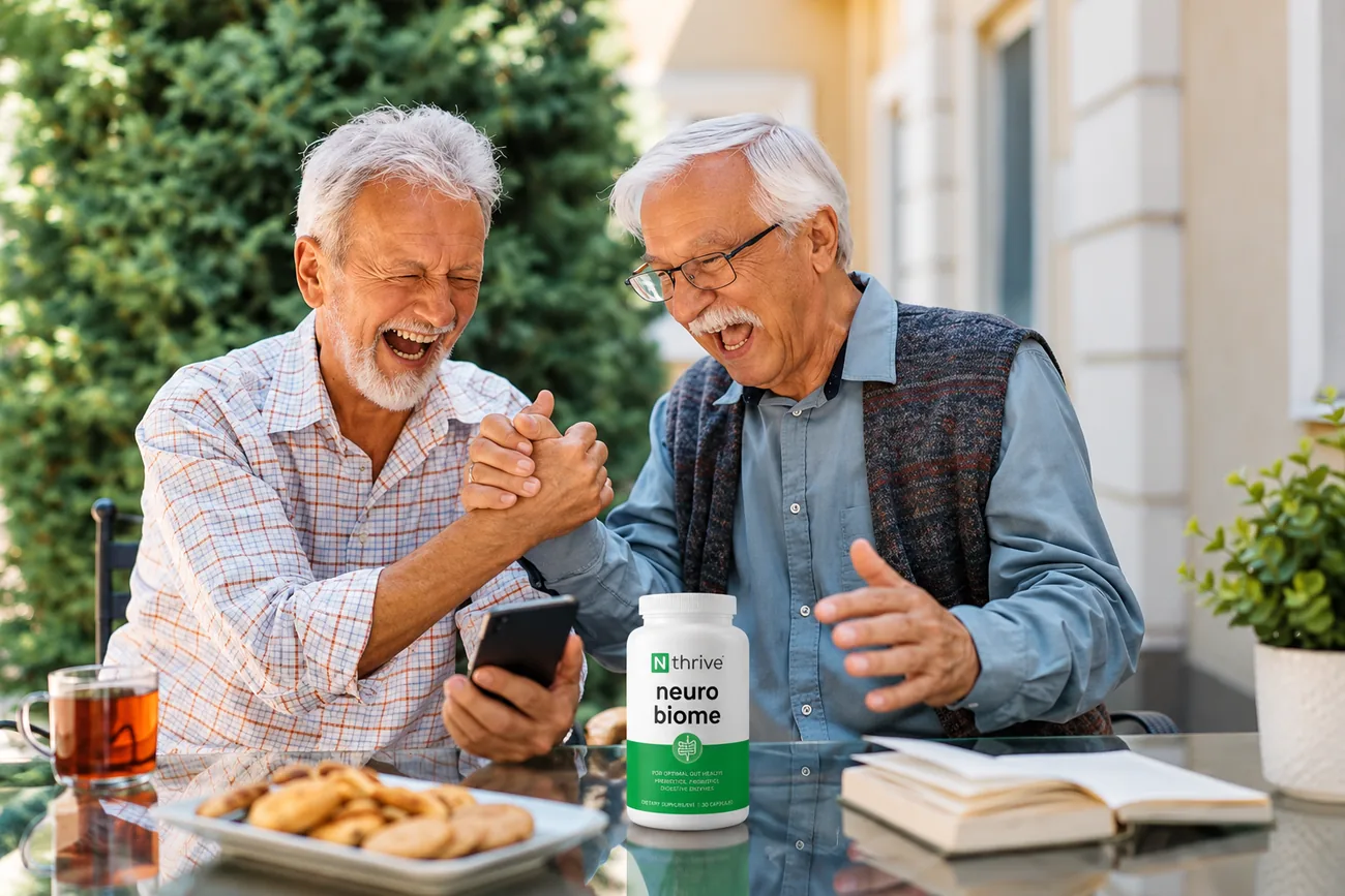 Two friends celebrating on a patio