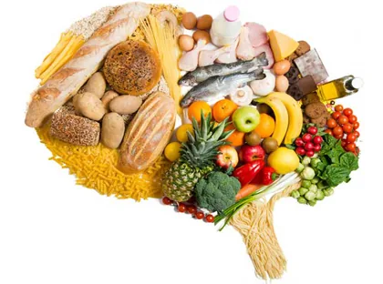 Healthy foods arranged in the shape of a brain